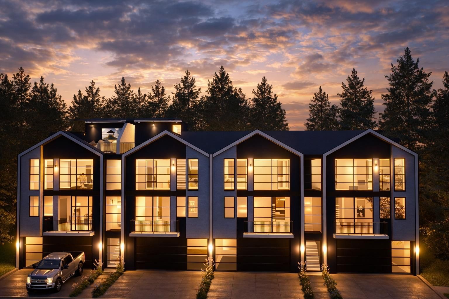Knightsbridge Village townhome facade at twilight