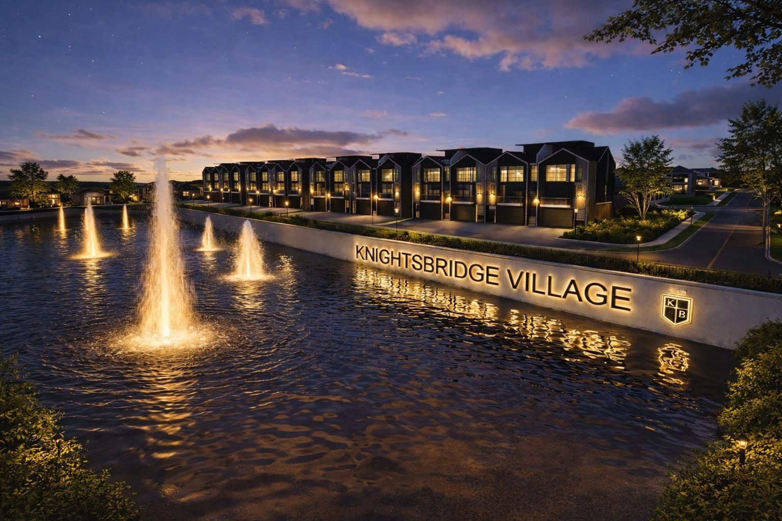 Knightsbridge Village entrance with illuminated fountains and signage